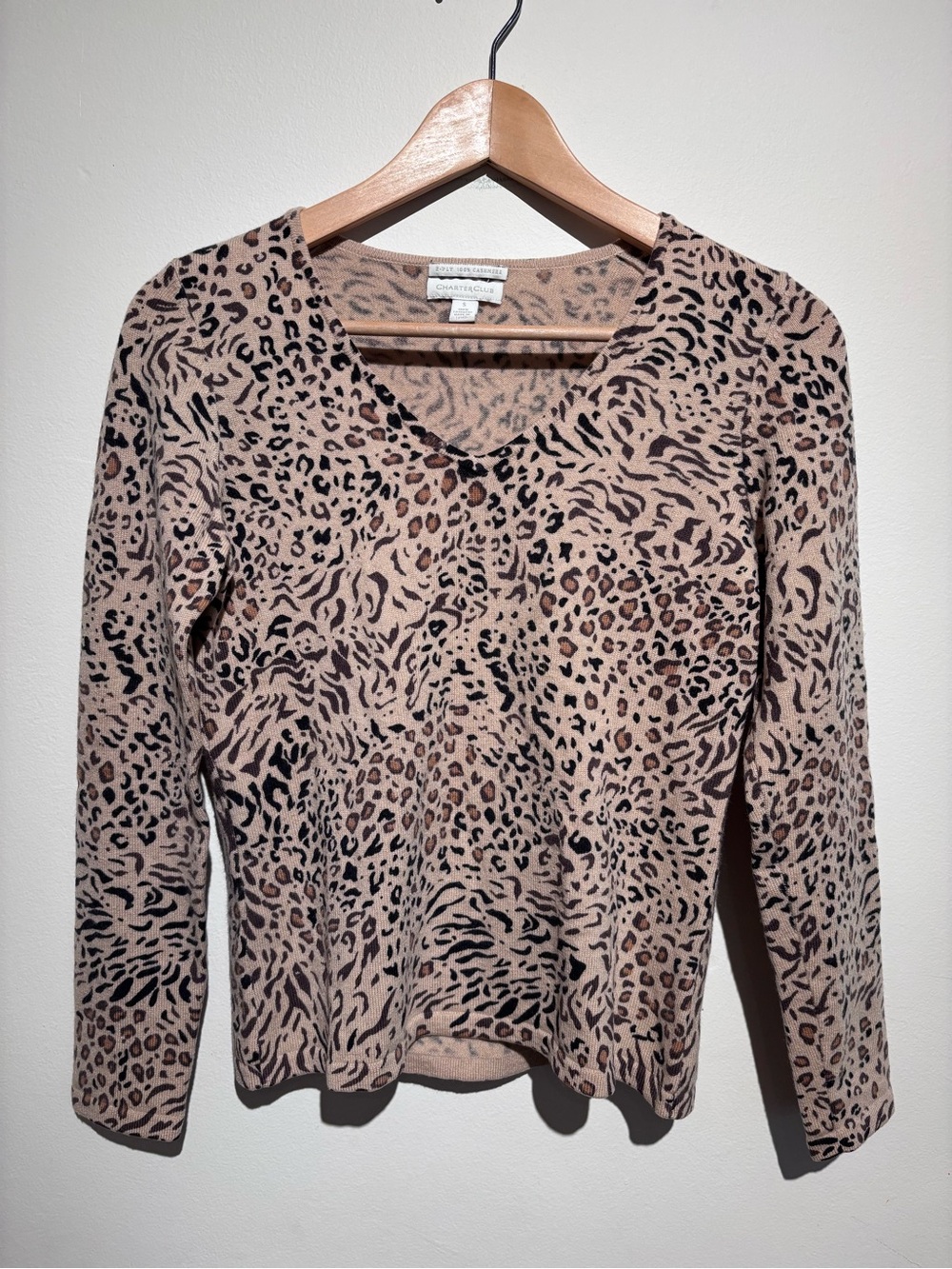 100% Cashmere Charter Club Leopard Print Sweater Size Small